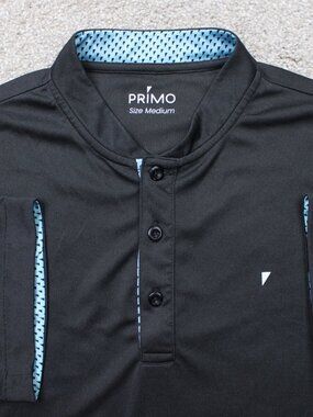 Primo Polo Shirt Mens Medium Black/Blue Blade Collar Wicking Golf Short Sleeve